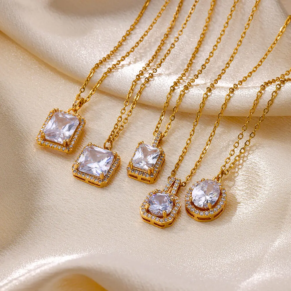 

Luxury Zircon Square Pendant Necklace For Women Stainless Steel Link Chain Necklaces 2023 Trend Wedding Jewelry free shipping