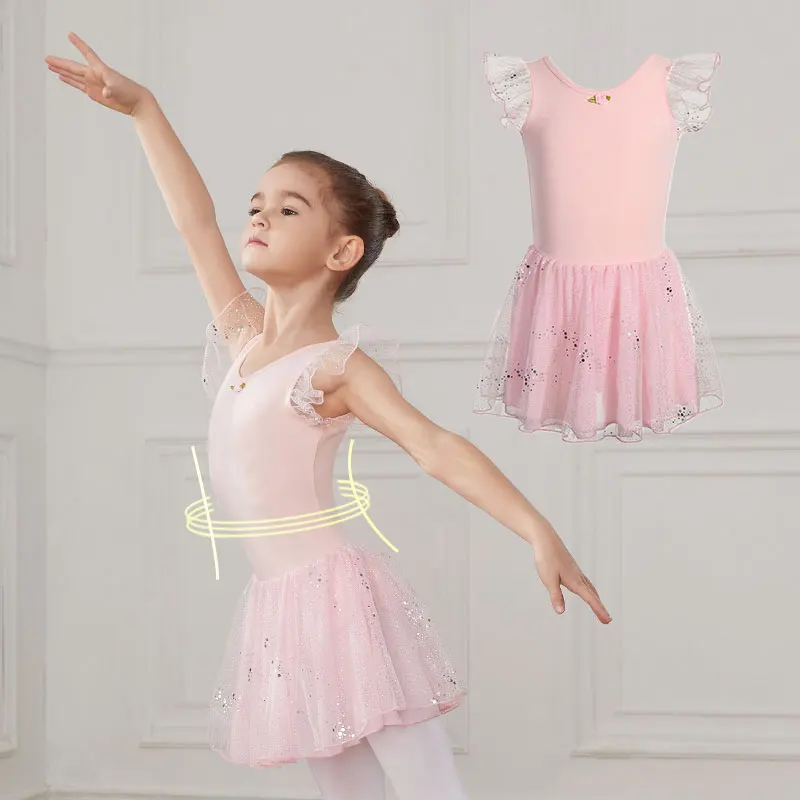 AOQUNFS Ballet Dance Dress For Girls Tutu Skirted  Ruffle Sleeve Gymnastic Criss-Cross Back Toddler Ballet Leotard Dance Costume