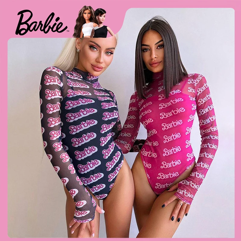 

Popular Barbie Bodysuit One-Piece Flight Suit Kawaii Pink Y2K Girls Sexy Mesh Letters Logot Shirt Clothing One Piece 2023 90S