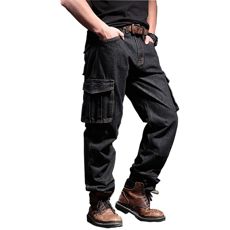Men's Cargo Loose  Jean Trousers Multi Pockets Straight Casual  Motorcycle Denim Pants For Male Plus Size 29-44