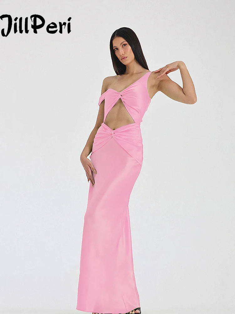 

JillPeri Sexy Maxi Dress Irregular Strap Kont Satin Hollow Out Skinny Party Outfits Solid Color Summer Elegant Long Pink Dress