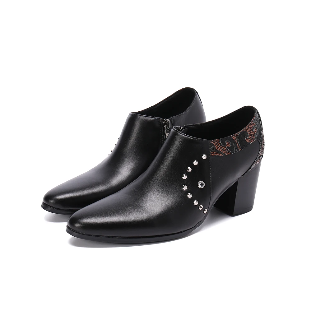 

Elegant Male Cow Leather Wedding Shoes Large Size Banquet Pointed Toe Dress Shoes Business Zipper Rivet Men High Heel Shoes
