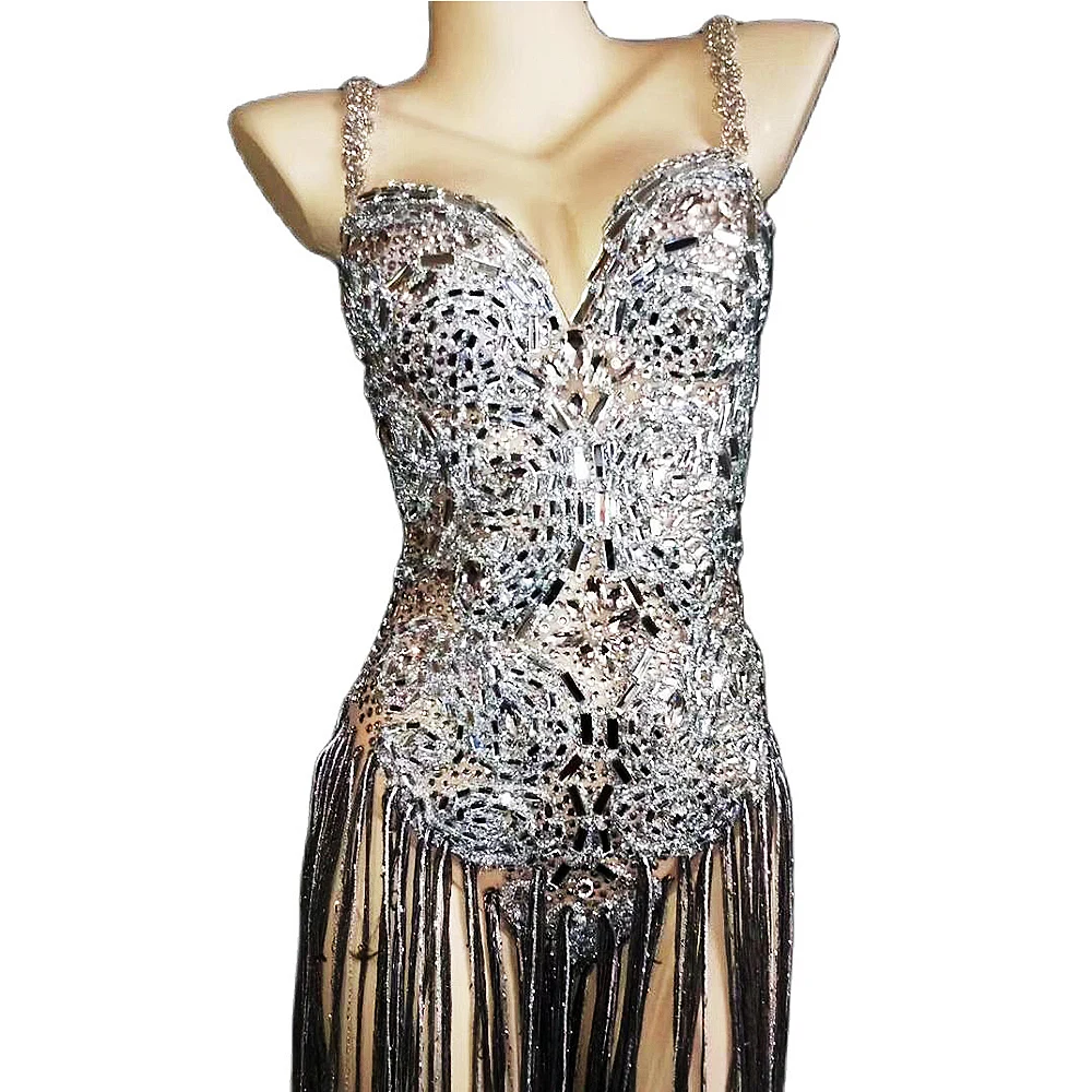 

Женское боди с блестящими бриллиантами, без рукавов, с открытой спиной, серебристые комбинезоны с бахромой, Комбинезоны для ночного клуба, певицы, костюм для представлений