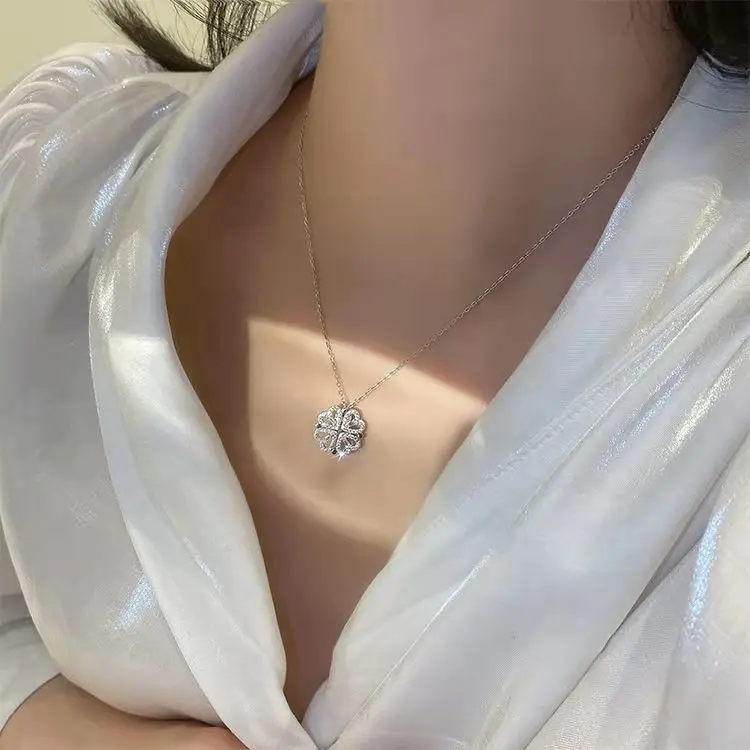 

A Multi-wear Four-Leaf Clover Necklace-Silver Four Leaf Clover Necklace Heart-Shaped Clavicle Chain Openable Choker Jewellery