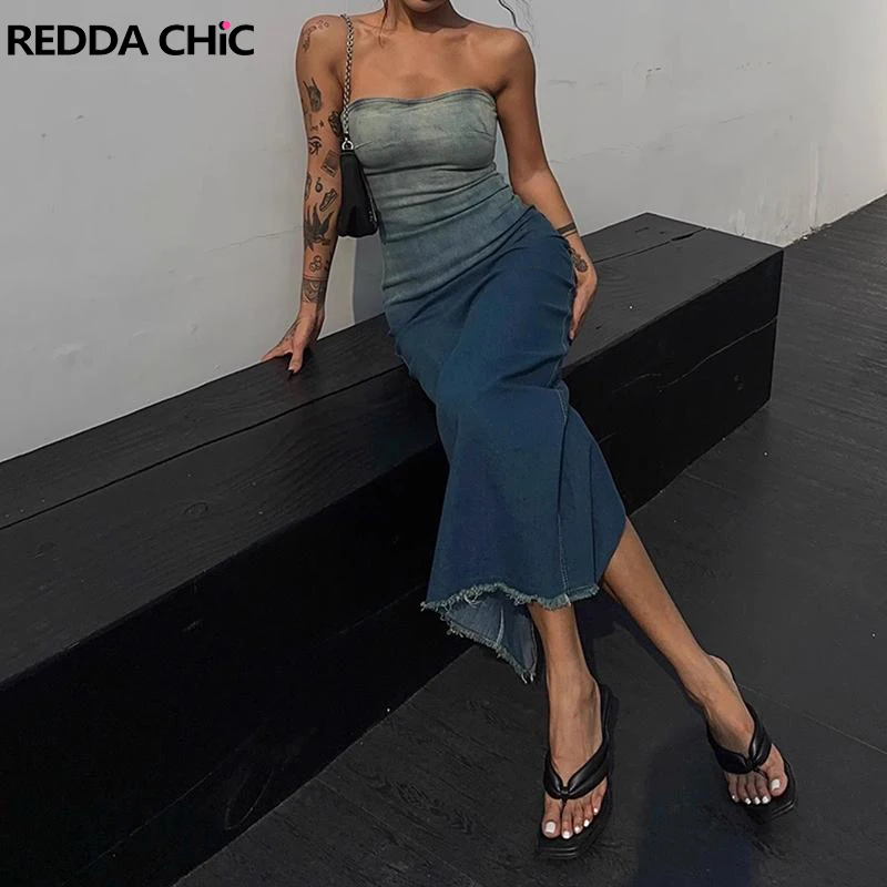 

ReddaChic Y2k Corset Bodycon Dress with Slit Retro Blue Gradient Denim Mini Midi Long Desire One-piece Birthday Party Prom Gown