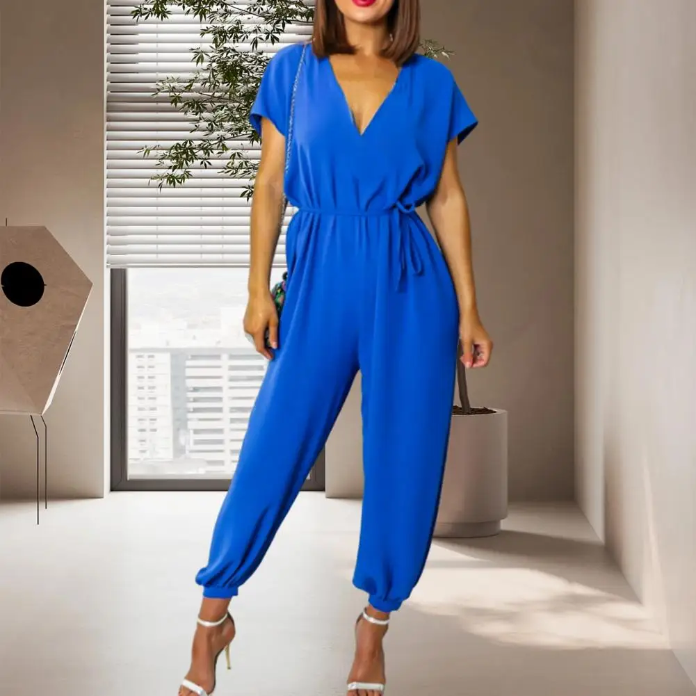 

Women Summwe Jumpsuit Deep V Neck Short Sleeves Lady Soft Jumpsuit Ankle-banded Length Women Clothes