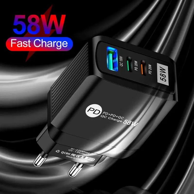 

58W3 Port Fast Charging Head 2PD+QC3.0USB Fast Charging Head Mobile Phone Tablet Charger Portable Travel Charging Head