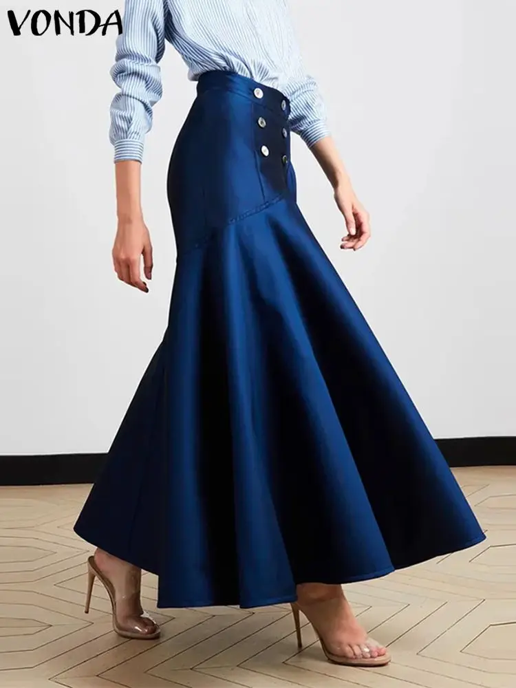 

VONDA Women Elegant Fishtail Skirts 2023 Casual High Waist Buttons Party Office Skirt Fashion Ruffled Satin Loose Maxi Bottoms
