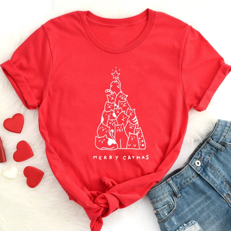

Merry Christmas Shirt Cat Tree Women 100% Women Tshirt Short Sleeve Tees