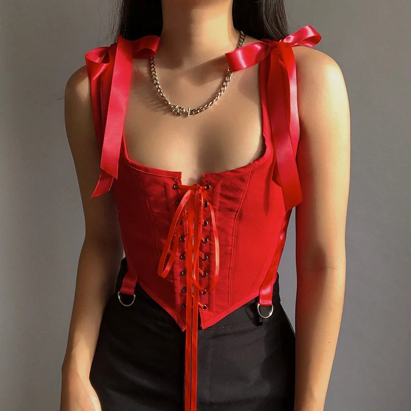

Y2K Clothes Crop Top Women Sexy Summer New Red Pullover Waist Bow Shoulder Strap Corn Lace Up Street Secondary Spice Girls