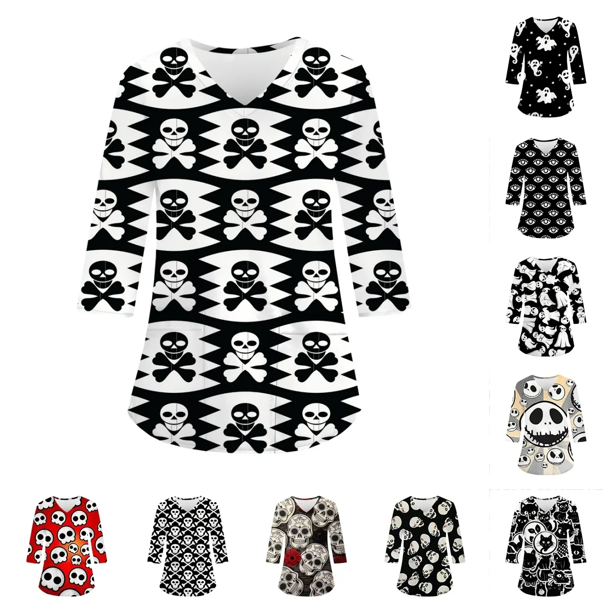 Женская медицинская форма медсестры с принтом Хэллоуина скраб рукавами 3/4 блузка