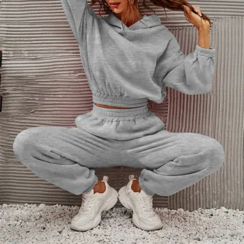 Bandage Crop Top+Sweatpants Pants Sets Casual Joggers Solid Hoodies 2 Two Piece Set Sport Outfits Sweatsuit Women Tracksuit 1