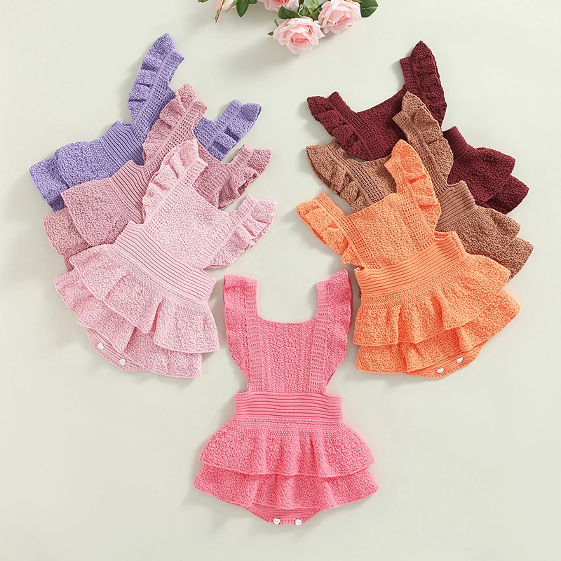 

Детский трикотажный комбинезон, однотонный повседневный комбинезон с рукавами-мушками и оборками на подоле, для девочек 0-24 месяцев, для вес...