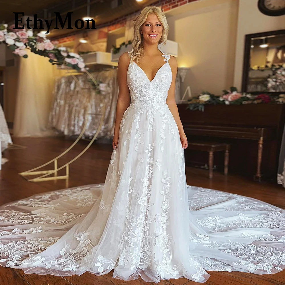 

Ethymon Spaghetti Straps V-Neck Sleeveless Fairytale Wedding Dresses For Bride Appliques Personalised Pleat Vestido De Casamento