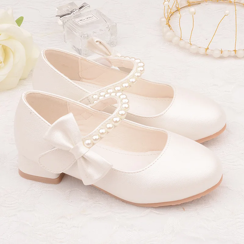 2023 Children's leather shoes white bow spring and autumn girls high heels princess shoes pearl tide single shoes