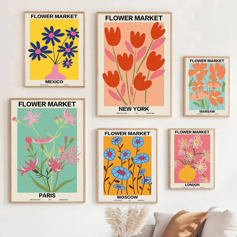 

Abstract Flower Market Vintage Minimalist Nordic Posters And Prints Wall Art Canvas Painting Wall Pictures For Living Room Decor