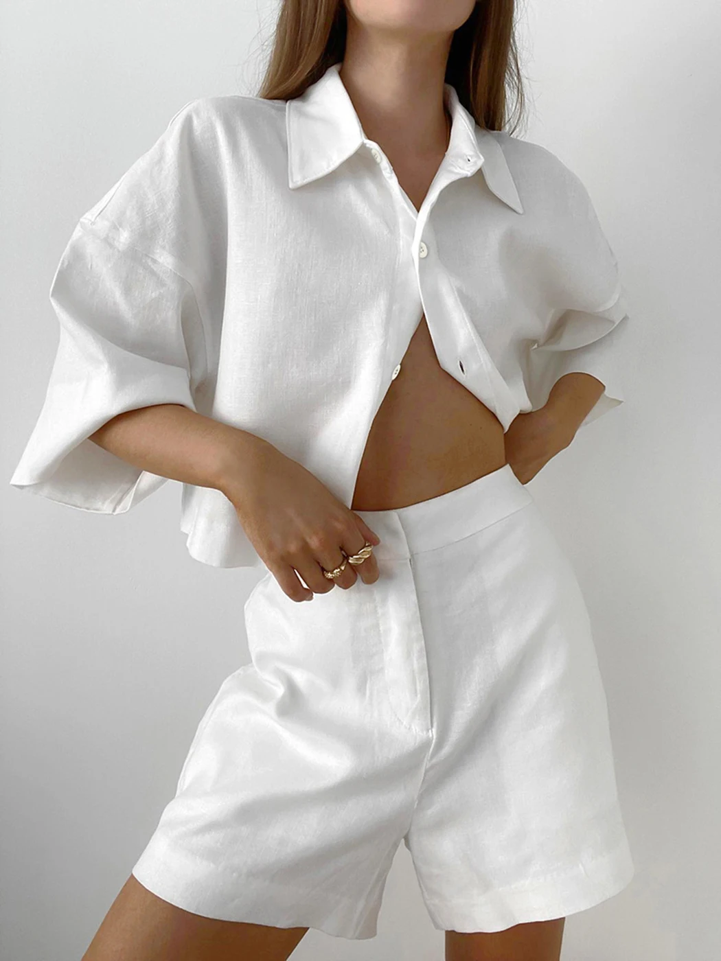 

Jyate Solid Cotton Casual Women Sets Lapel Neck Shirt High Waist Shorts Suits 2023 Summer Half Sleeve Short Top 2 Pieces Sets