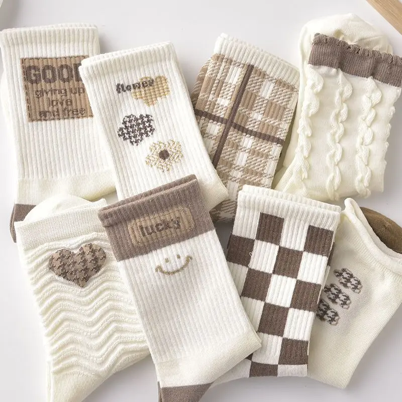 9 pairs Women socks in autumn and winter white Japanese striped plaid ins trend student socks stockings cute socks