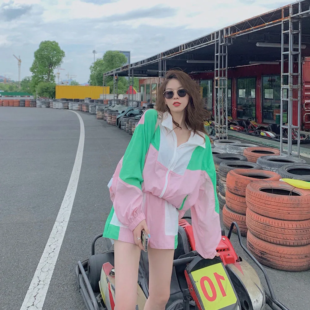 

Casual Shorts Set 2022 Summer Korean Style Tracksuit Women Sport Zipper Sweet Colorblocked Long Sleeve Oversized Top 2 Piece Set
