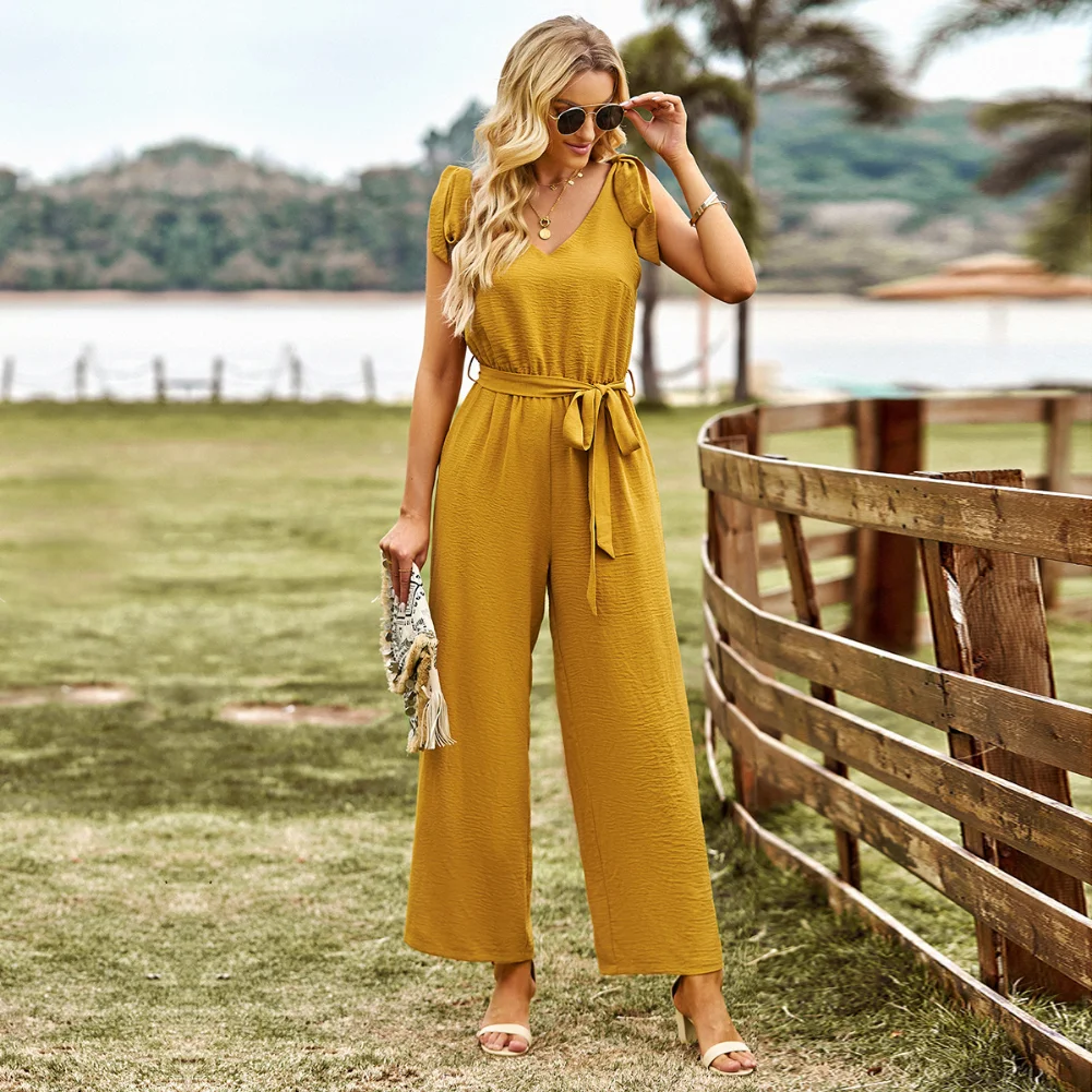 Solid Color Fashion Casual Straight Pants Tied Rope V-neck Sleeveless Jumpsuit 2023 Summer Long Temperament Commuting Slim Women
