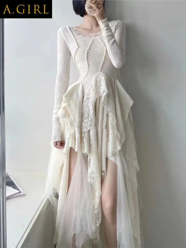 

A GIRLS French Elegant Women's Vintage Dress Autumn Winter New Irregular Lace Splicing Evening Long Bridesmaid Party Dress
