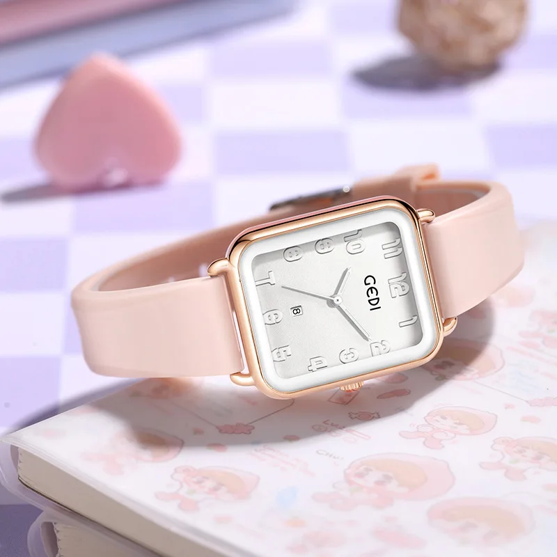 Fashion Gedi Middle School Students' Silicone Simple High Aesthetic Square Women's Compact And Exquisite Calendar Quartz Watches