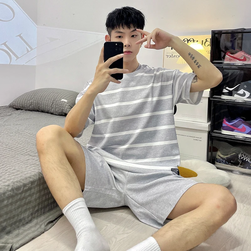 Men Cotton Striped Summer Sleepwear Set Classic Gray Casual Home Loungue Confortable Nightwear Pajamas