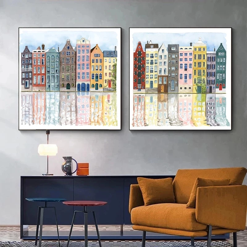 

Watercolor Hand Drawn Facades of Old Colorful Buildings Canvas Painting Poster Print Wall Art Picture for Living Room Home Decor