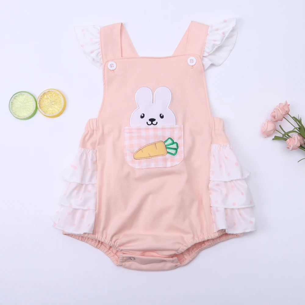 

2023 0-3T Easter Pink Jumpsuit Baby Boy Clothes Rabbit Embroidery Bubble Infant Romper Sleeve Lattice Bodysuit New Born Outfits