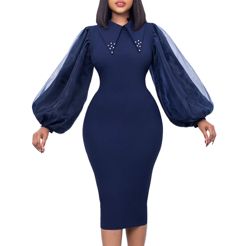 African Dresses for Women Spring African Women Long Sleeve Red Green Dark Blue Polyester Knee-length Dress African Clothes