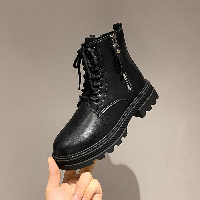 35-40 2022 Autumn Winter Fashion Sports Boots Women Mid-Calf Boots Ladies Non-slip British Style Shoes Zipper PU Leather Boots
