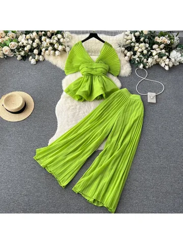 Neploe Свежие элегантные шифоновые комплекты с открытыми плечами и рюшами Рубашка Свободные брюки с высокой талией Широкие брюки Летние модные костюмы Брюки с рюшами