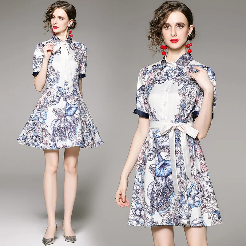 

Женское платье-рубашка с коротким рукавом, офисное приталенное платье-туника с принтом, лето 2022