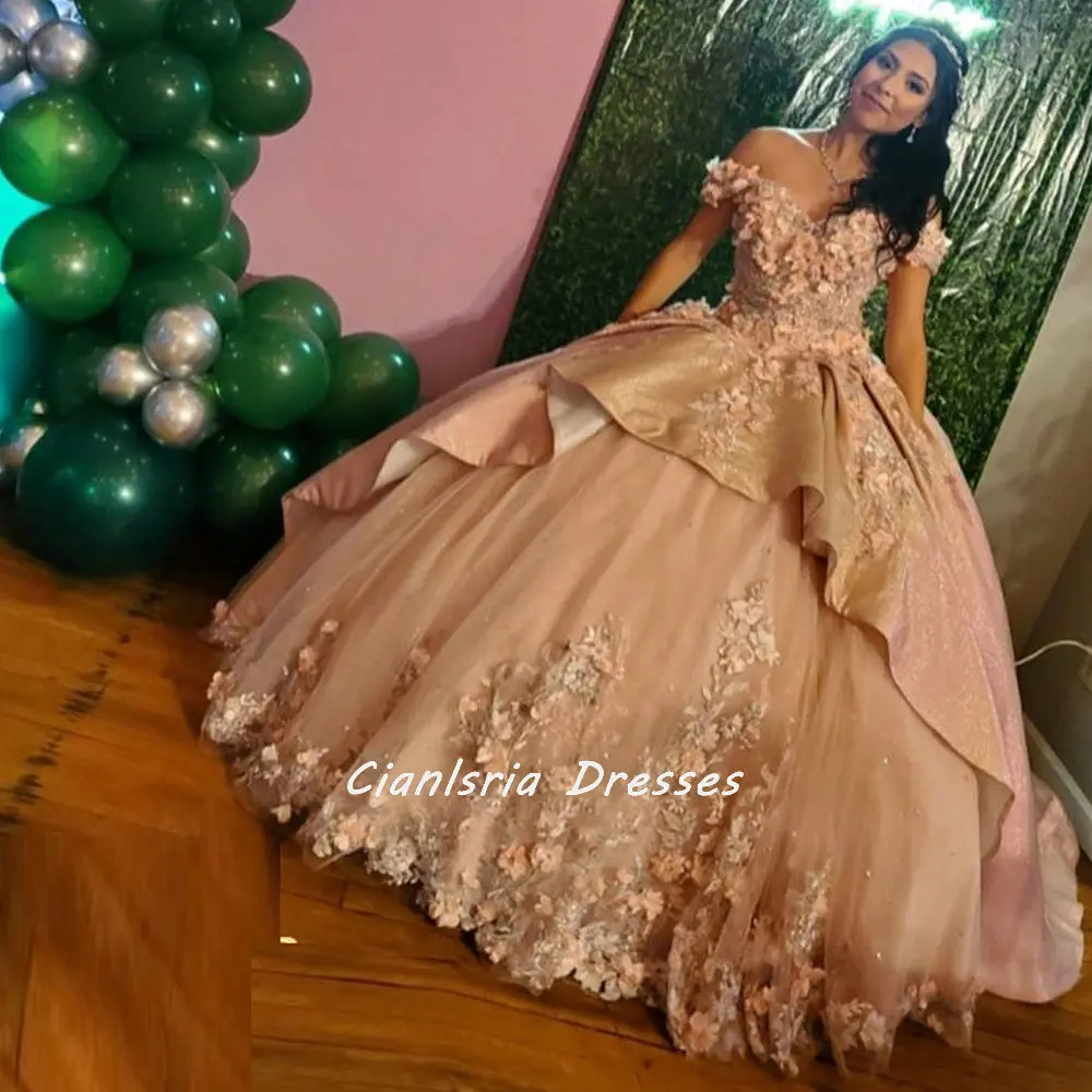 

Champagne Tiered Skirt Mexican Quinceanera Dress Ball Gown Off The Shoulder 3D Flowers Appliques Corset Vestidos De XV Anos