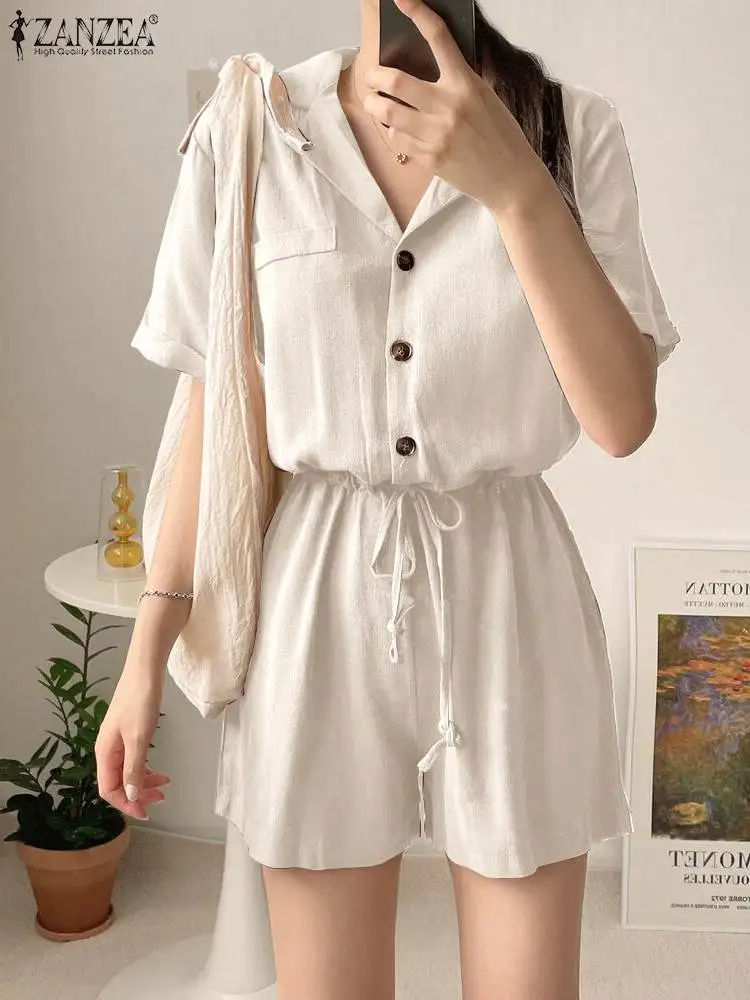 

ZANZEA Short Sleeve Lapel Rompers 2022 Summer Casual Loose Overalls Pocket Button Up Short Jumpsuit Women Short Pant Playsuit