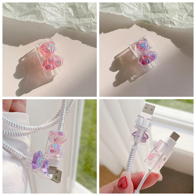 

USB-протектор для кабеля с милым рисунком медведя, универсальное устройство для зарядки кабеля usb, защитное устройство для защиты наушников, ...