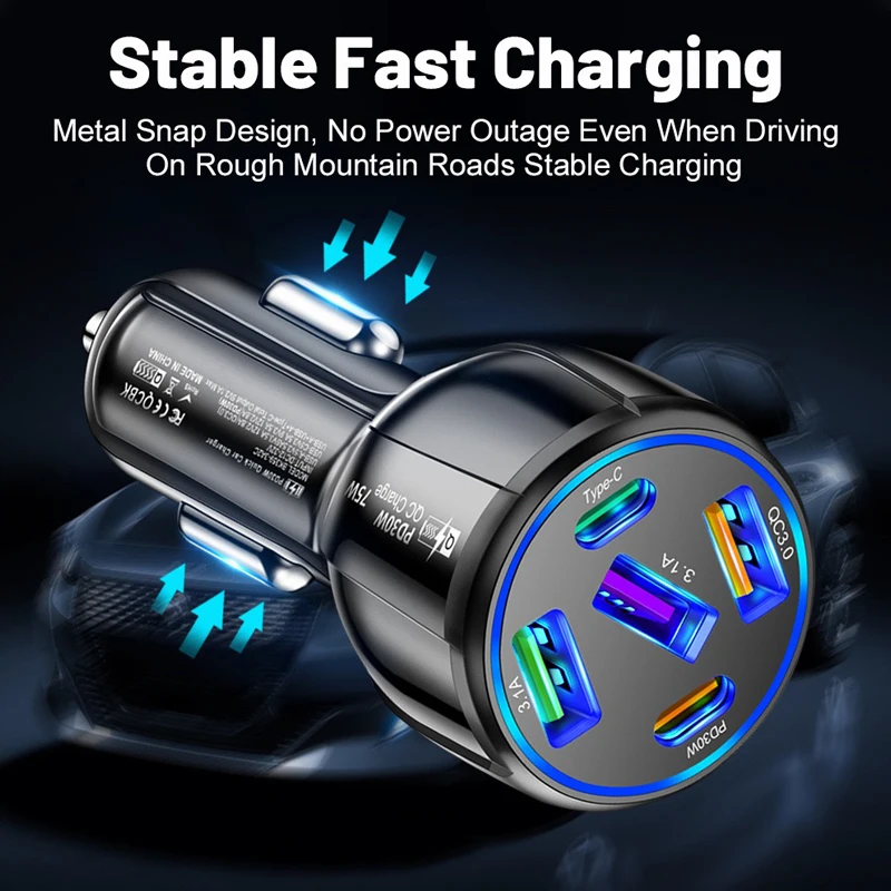 

New 5 Port Car Charger 75W Fast Charge USB Type C for iPhone 14 Pro Max 13 12 11 Mini Xiaomi Samsung Huawei 3USB And 2pd