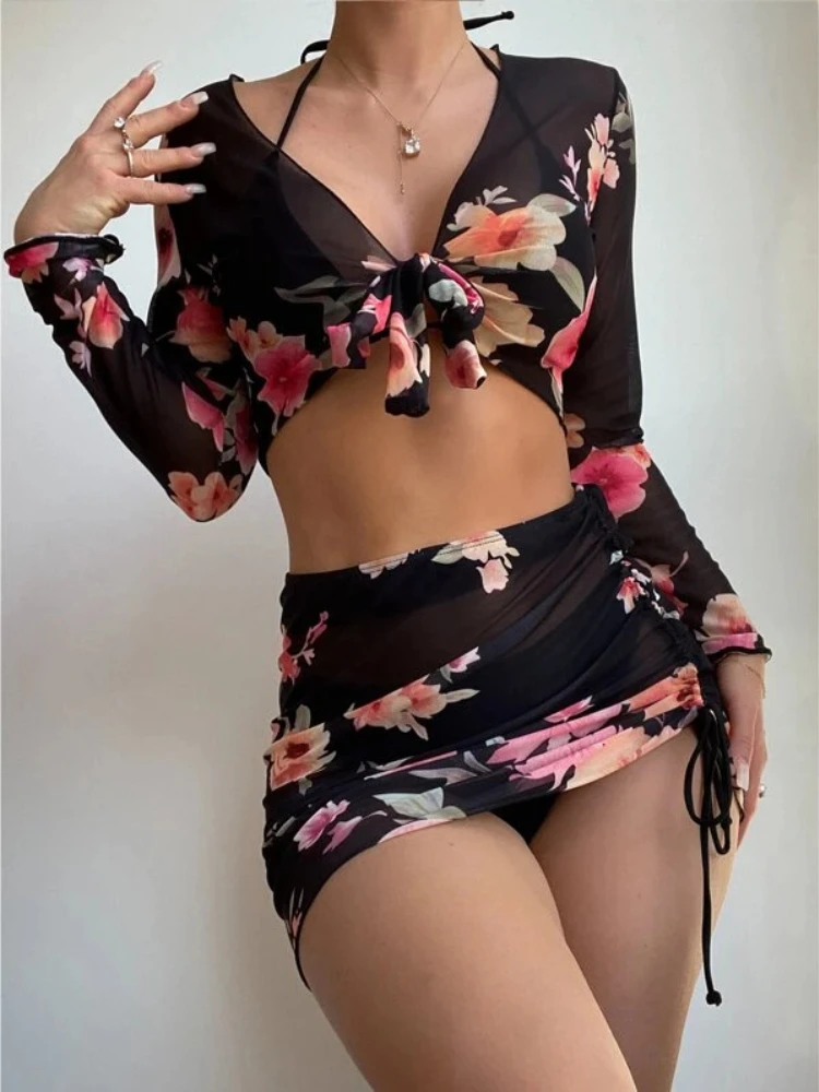 

Fashion Print Split Four-piece Swimsuit Skirt Sexy Halter Neck Lace Up Asymmetric Triangle Bikini High Waist Swimsuit Women