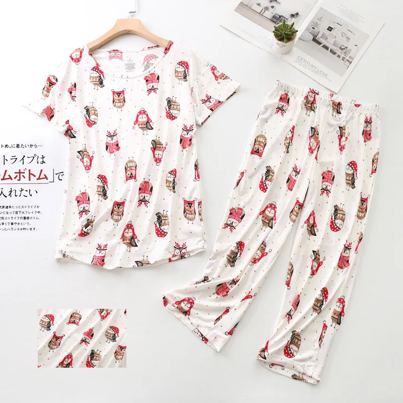 Cotton Pajamas Set T-shirt Pants 2Piece/Set Autumn Casual Elastic Pyjama Big Size Mom Cartoon Homewear Cozy Plus Sleepwear