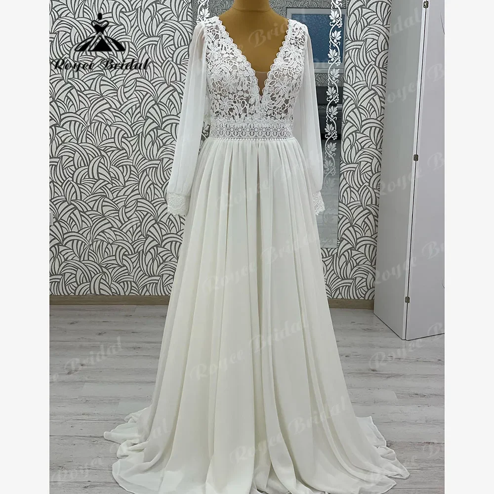 Кружевное шифоновое свадебное платье в стиле бохо с глубоким v-образным вырезом