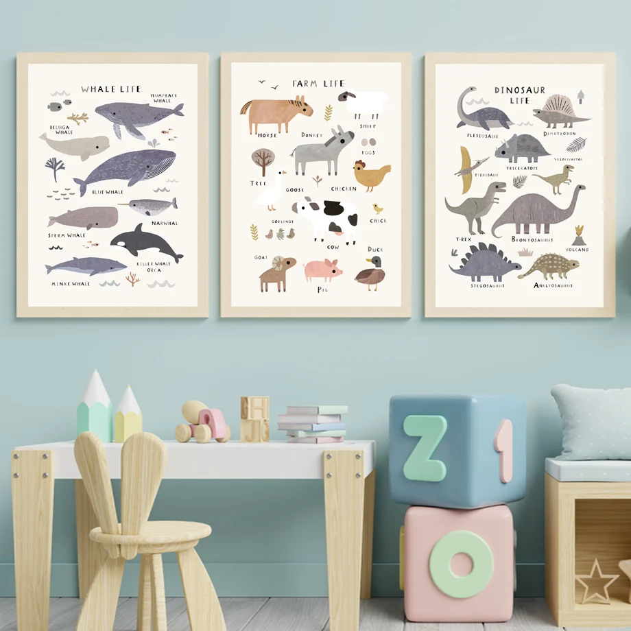 

Whale Dinosaur Farm Life Nordic Posters And Prints Animal Alphabet Number Art Canvas Painting Wall Pictures For Kids Room Decor