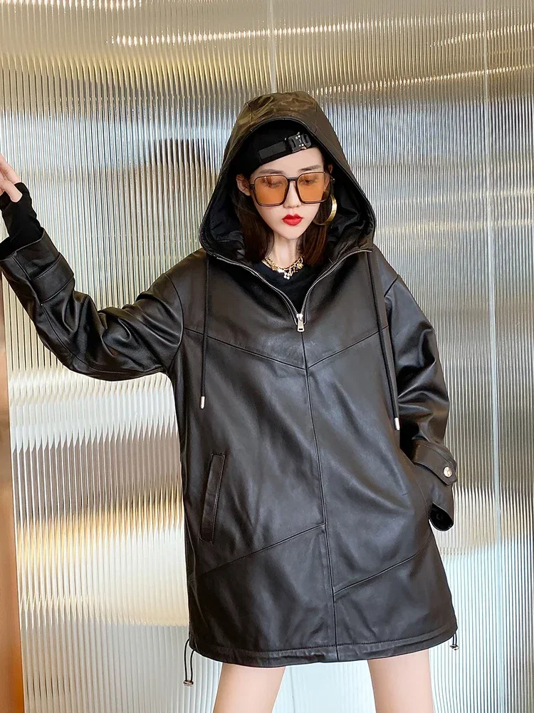 Куртка женская из натуральной овечьей кожи Повседневная Черная байкерская