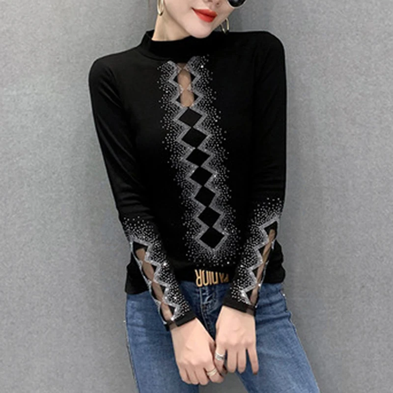 

Warm Bottoming Shirt Fashion Female Long Sleeve Slim Fit T Shirt Autumn Casual Women Tshirts Top Shiny Half High Collar Glitter