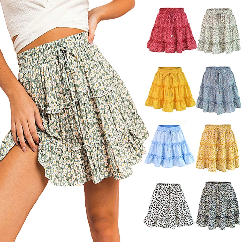 

Floral Print Boho Cotton Sexy Mini Skirt Pleated Ruffles MidiSkirt Bandage Fashion High Waist Frill Lace-up Beach Short Skirts