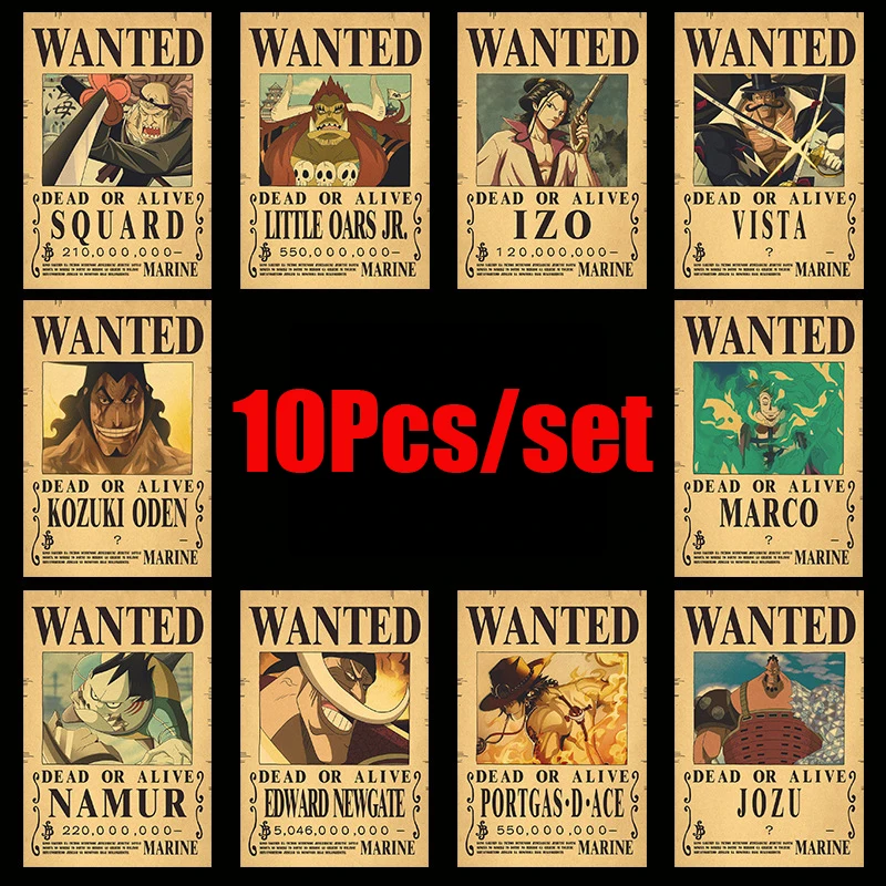 10Pcs/set Anime One Piece Vintage Posters Children Room Living Wall Decoration Cartoons Pirate Wanted Paintings Stickers Toys - купить по