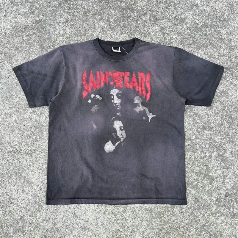 

23ss Oversized Saint Michael Angel Print T Shirts Men Women 1:1 High Quality Washed Black Short Sleeves