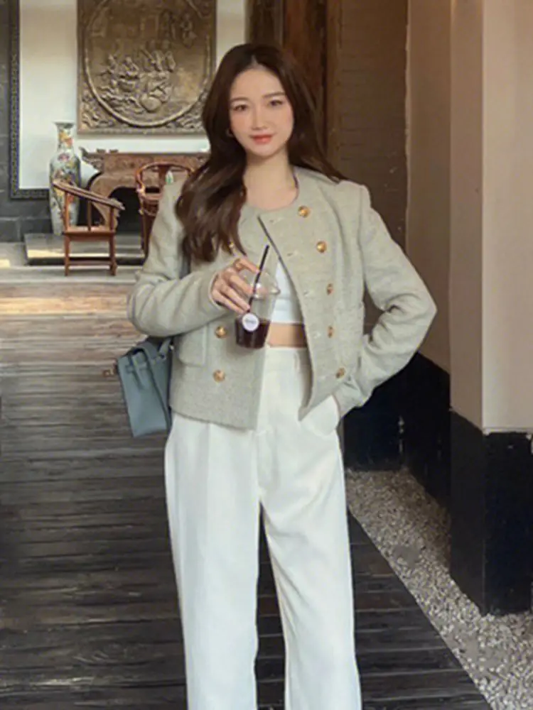 

Женское двубортное пальто, короткое пальто с длинным рукавом и круглым вырезом, с металлическим узором, осень 2022