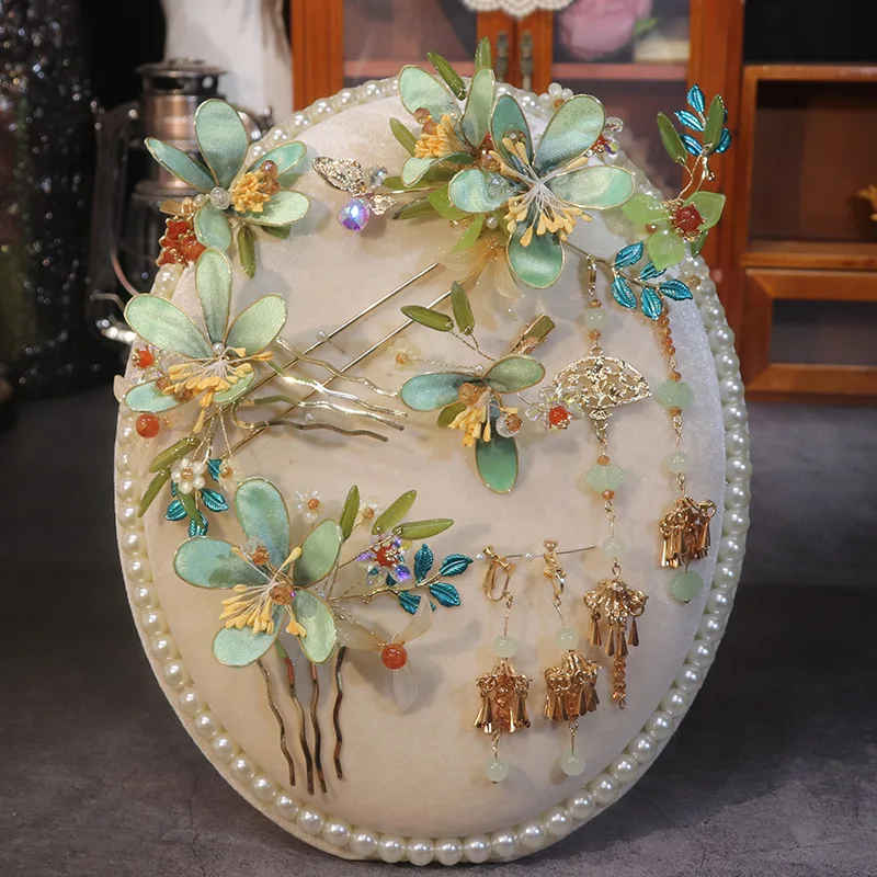 Заколка для волос NiuShuya в этническом стиле Классическая шпилька с зеленым цветком