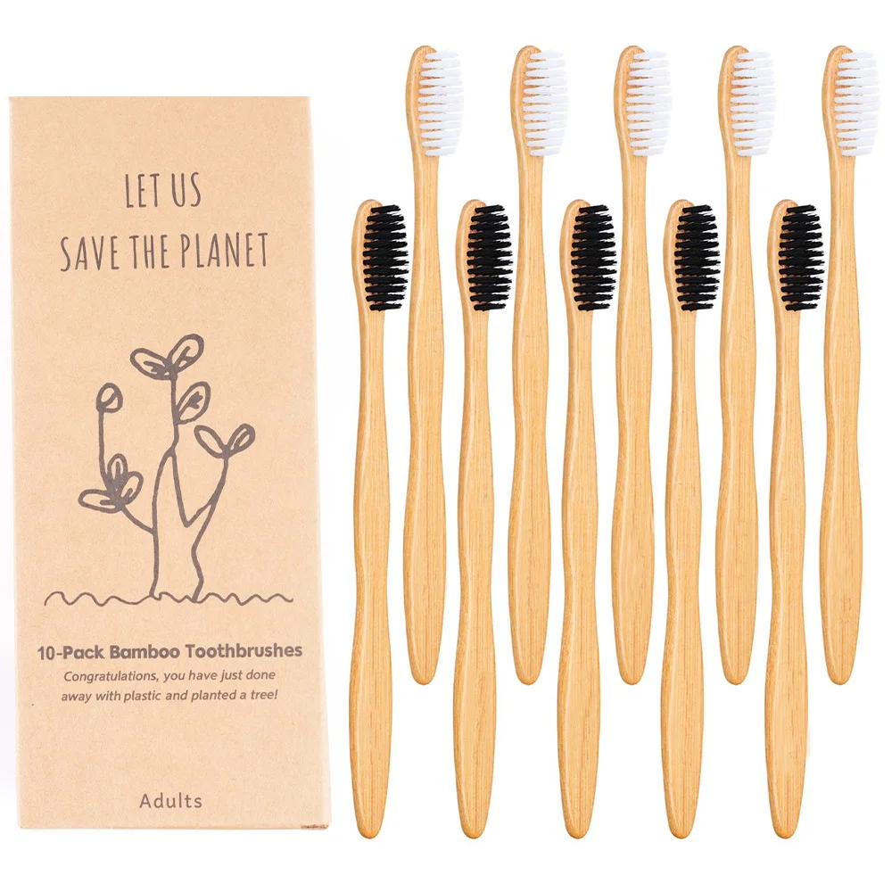 Adult Bamboo Toothbrushes 10 Pack Soft Bristles Wooden Toothbrushes Natural Biodegradable BPA Free Eco Friendly Toothbrushes