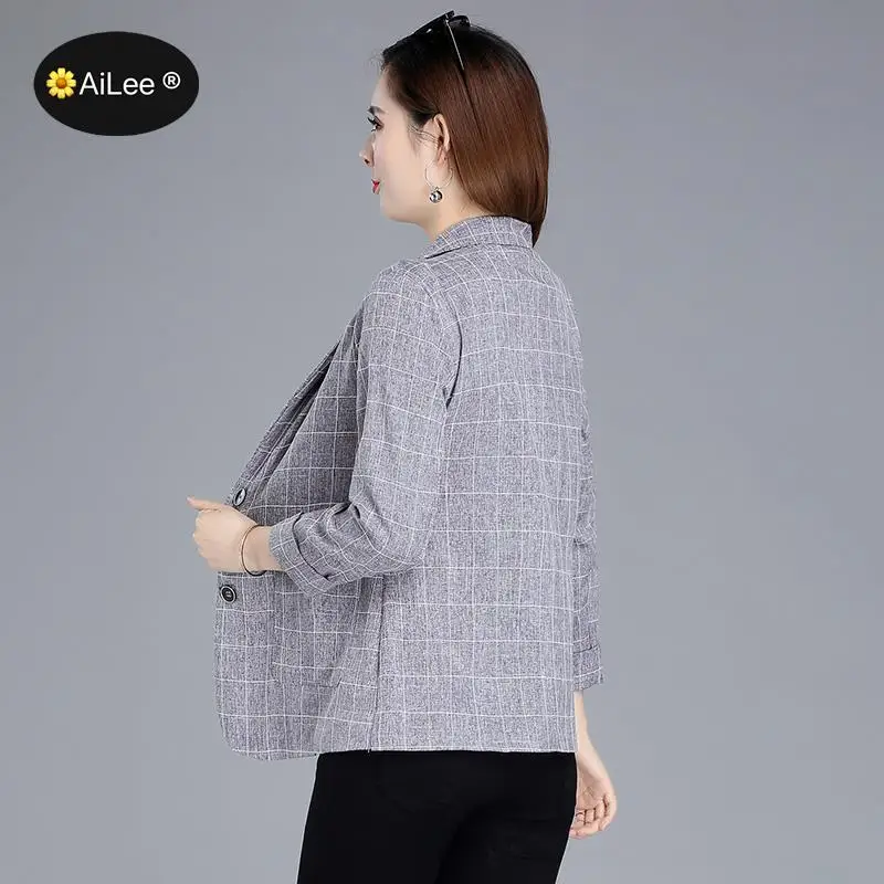 Big Size Elegant Long Sleeve Slim Blazer Jacket Women Casual Gray Outwear Spring Autumn Lady Office Business Suit Blazer Plaid